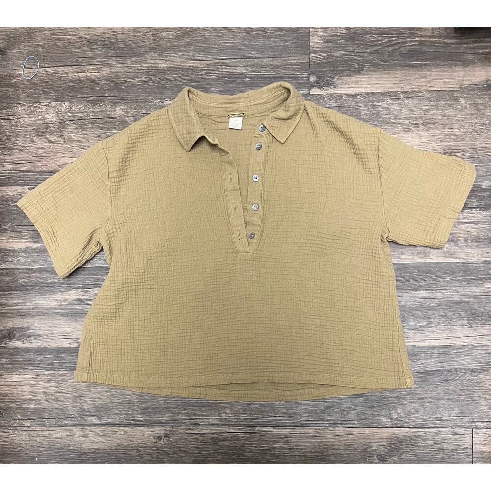 SOLD Organic Cotton Gauze Henley Top S Boho Coastal Grandmacore Olive Tan - Picture 5 of 11
